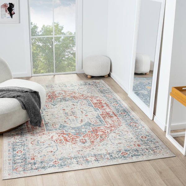 HomeRoots 7' Blue and Orange Distressed Medallion Area Rug - Bohemian Charm, Durable, Easy-Care for Homes 712691