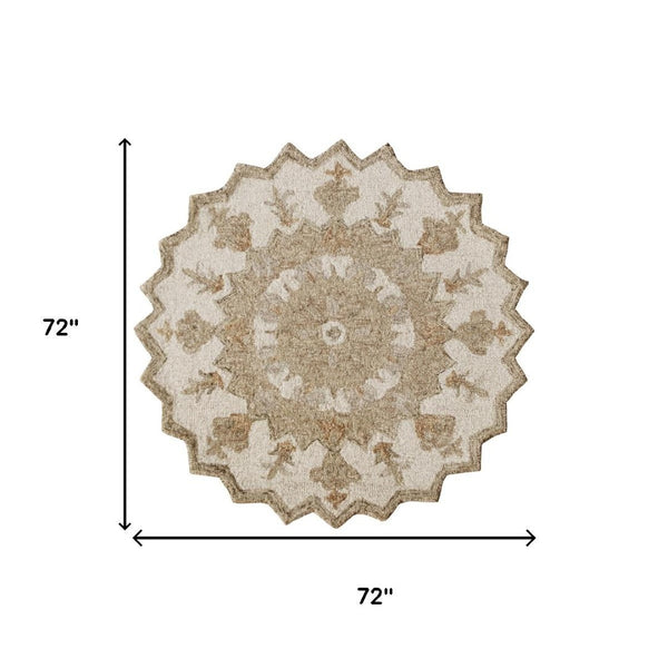 HomeRoots 6' Hand-Tufted Blue and Ivory Wool Medallion Round Rug - Cozy Charm for Any Living Space 712694