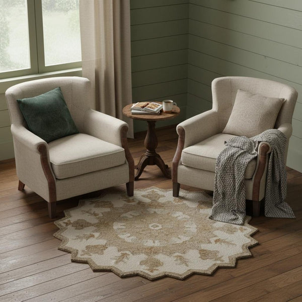 HomeRoots 6' Hand-Tufted Blue and Ivory Wool Medallion Round Rug - Cozy Charm for Any Living Space 712694