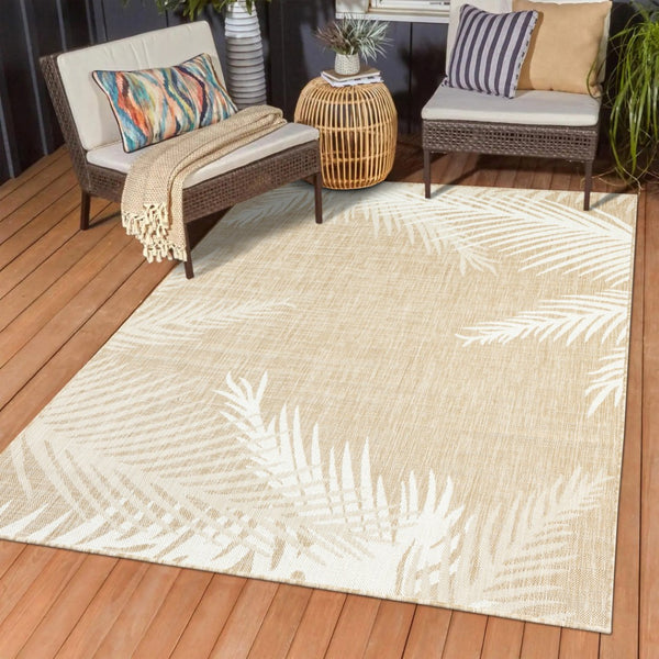 HomeRoots 7' Beige and Ivory Botanical Leaves Area Rug - Tropical Elegance for Living Spaces, Easy Care & Durable 712696