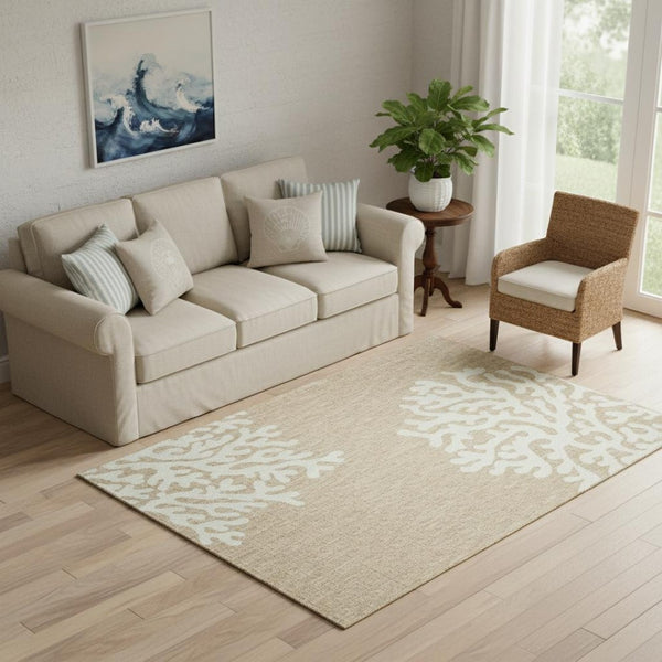 HomeRoots 7' Coastal Coral Area Rug in Beige & White - Durable, Stain-Resistant, Perfect for Busy Homes! 712698