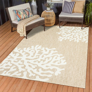HomeRoots 7' Coastal Coral Area Rug in Beige & White - Durable, Stain-Resistant, Perfect for Busy Homes! 712698