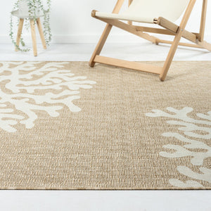 HomeRoots 7' Coastal Coral Area Rug in Beige & White - Durable, Stain-Resistant, Perfect for Busy Homes! 712698