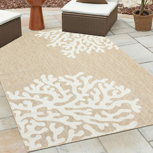 HomeRoots 7' Coastal Coral Area Rug in Beige & White - Durable, Stain-Resistant, Perfect for Busy Homes! 712698