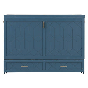 English Elm Queen Murphy Wall Bed Cabinet with Storage Drawer Built-in Power Outlets Usb Ports Navy Blue LP000400AAC-1