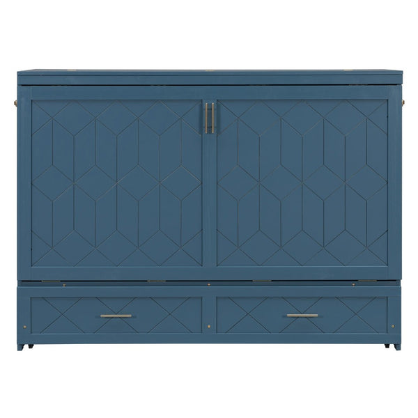 English Elm Queen Murphy Wall Bed Cabinet with Storage Drawer Built-in Power Outlets Usb Ports Navy Blue LP000400AAC-1