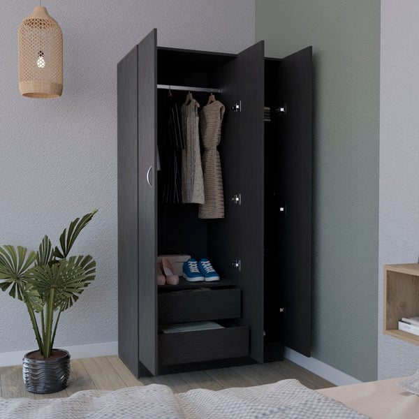 English Elm Ohio Armoire Spacious 3-Door Wardrobe with 2 Drawers, 4-Tier Shelves, Hanging Rods & Metal Handles Black 74 L x 23 W x 2 H B200S00290