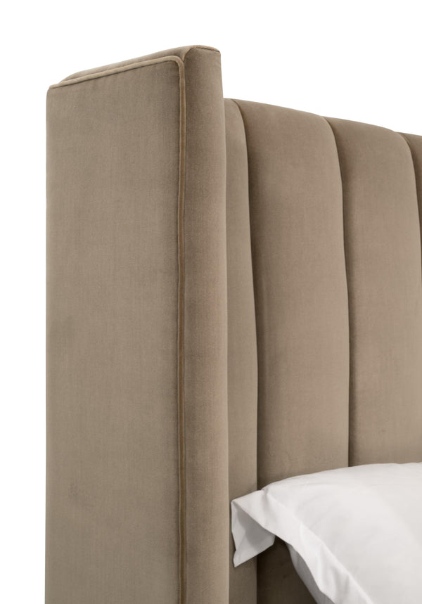 Essentials for Living Chandler Upholstered Bed Caramel Velvet Wing Headboard with Oak Legs for Bedroom Comfort Queen 7127-1.CAR/NG