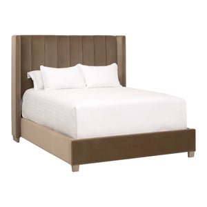 Essentials for Living Chandler Upholstered Bed Caramel Velvet Wing Headboard with Oak Legs for Bedroom Comfort Queen 7127-1.CAR/NG