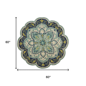 HomeRoots 8' Teal and Blue Wool Medallion Round Rug - Hand-Tufted Artisan Design for Modern Coastal Spaces 712703
