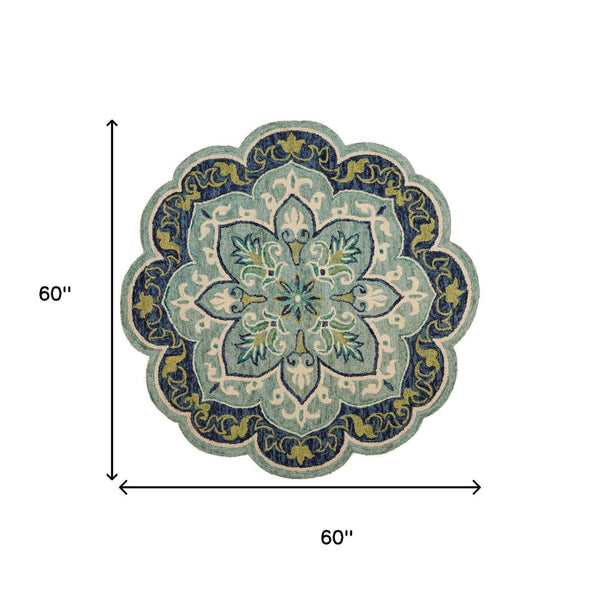 HomeRoots 8' Teal and Blue Wool Medallion Round Rug - Hand-Tufted Artisan Design for Modern Coastal Spaces 712703