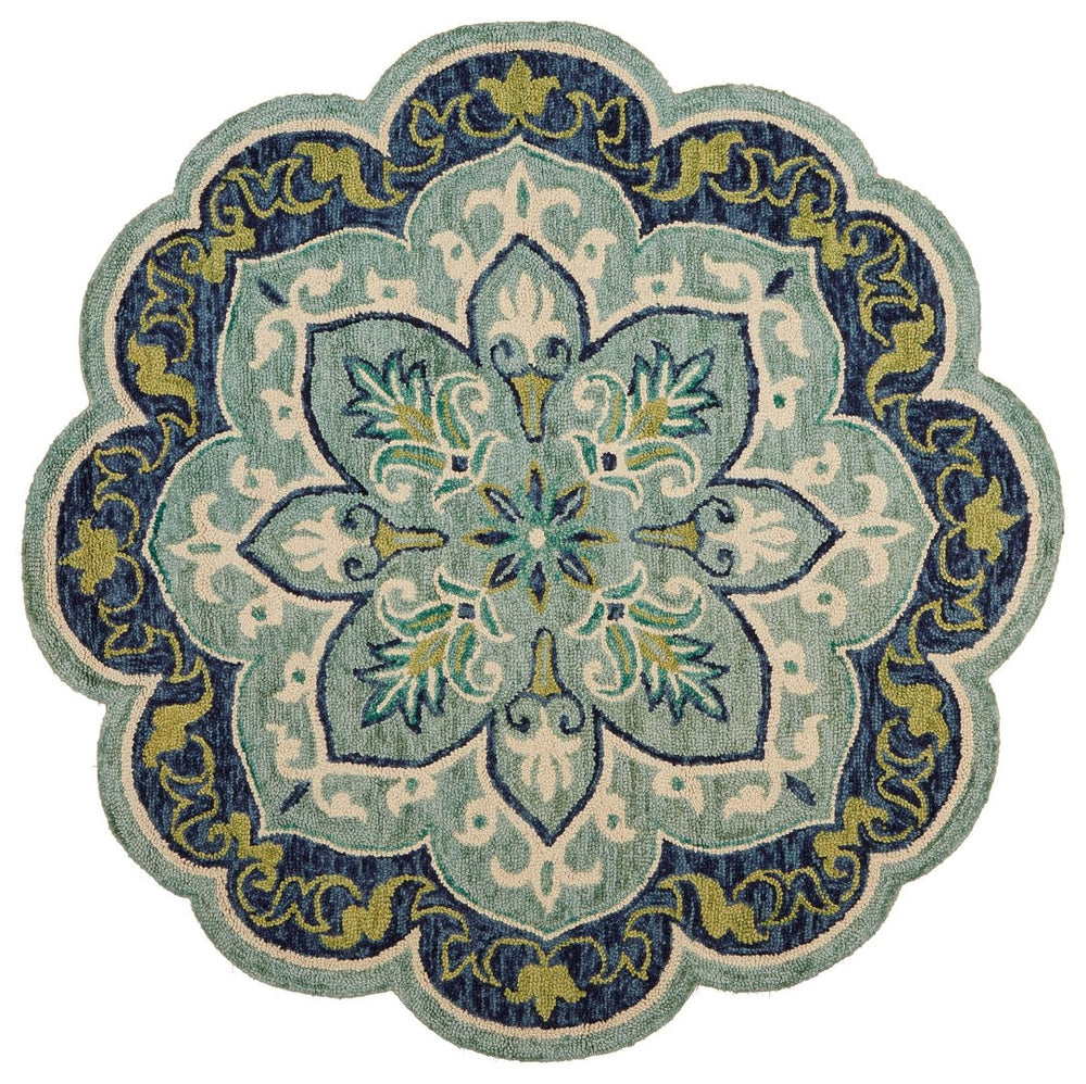 HomeRoots 8' Teal and Blue Wool Medallion Round Rug - Hand-Tufted Artisan Design for Modern Coastal Spaces 712703