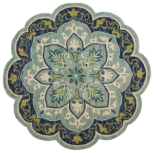 HomeRoots 8' Teal and Blue Wool Medallion Round Rug - Hand-Tufted Artisan Design for Modern Coastal Spaces 712703