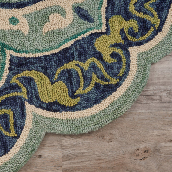 HomeRoots 8' Teal and Blue Wool Medallion Round Rug - Hand-Tufted Artisan Design for Modern Coastal Spaces 712703