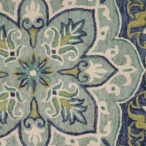 HomeRoots 8' Teal and Blue Wool Medallion Round Rug - Hand-Tufted Artisan Design for Modern Coastal Spaces 712703
