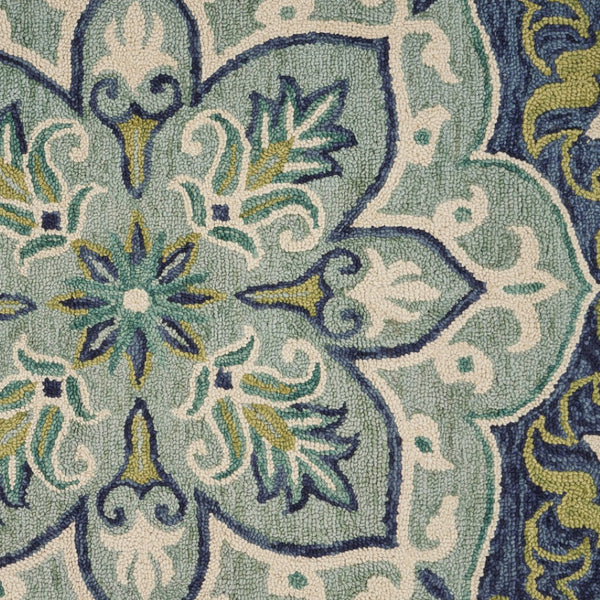 HomeRoots 8' Teal and Blue Wool Medallion Round Rug - Hand-Tufted Artisan Design for Modern Coastal Spaces 712703