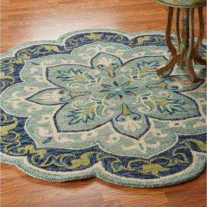 HomeRoots 8' Teal and Blue Wool Medallion Round Rug - Hand-Tufted Artisan Design for Modern Coastal Spaces 712703