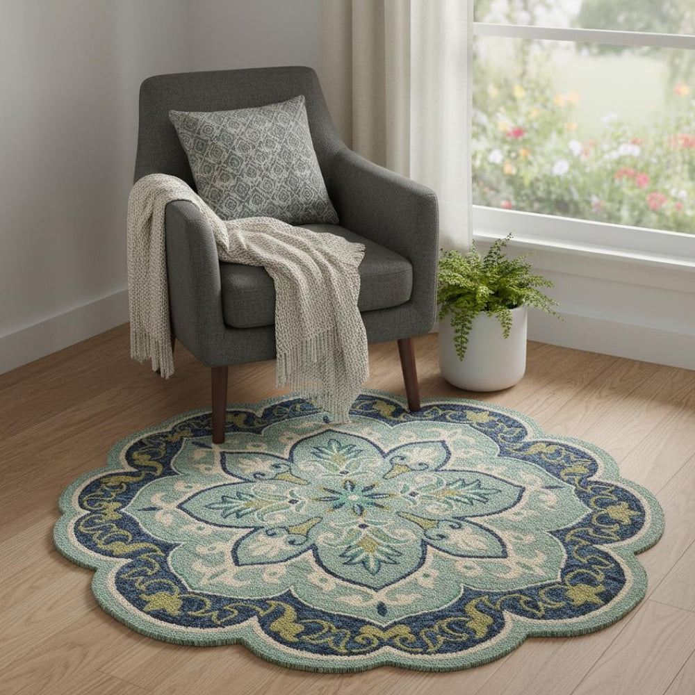 HomeRoots 8' Teal and Blue Wool Medallion Round Rug - Hand-Tufted Artisan Design for Modern Coastal Spaces 712703