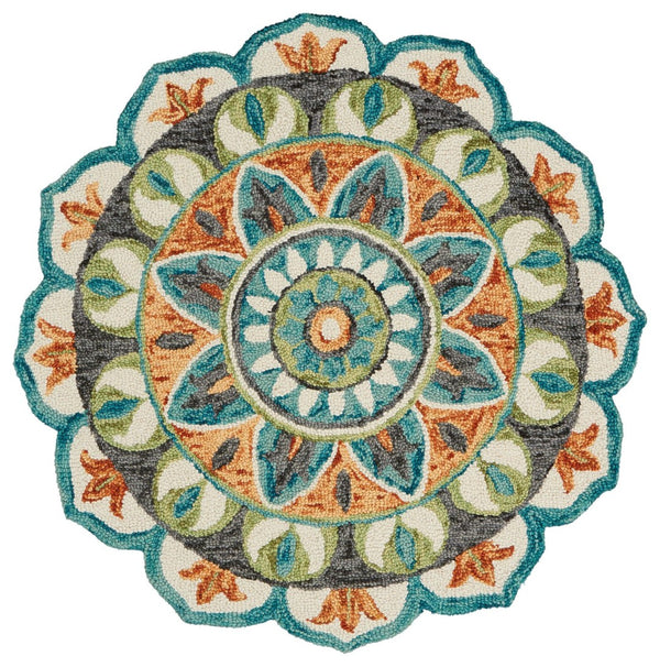 HomeRoots 5' Hand-Tufted Round Wool Rug in Blue & Black Medallion Design – Artisan Quality for Cozy Homes 712704
