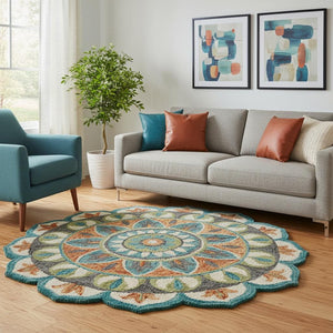 HomeRoots 5' Hand-Tufted Round Wool Rug in Blue & Black Medallion Design – Artisan Quality for Cozy Homes 712704