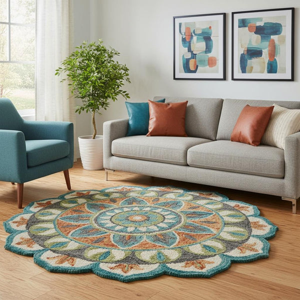 HomeRoots 5' Hand-Tufted Round Wool Rug in Blue & Black Medallion Design – Artisan Quality for Cozy Homes 712704