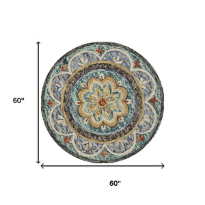 HomeRoots 8' Blue and Black Wool Medallion Round Rug - Hand-Tufted Artisan Design for Cozy Living Spaces 712705