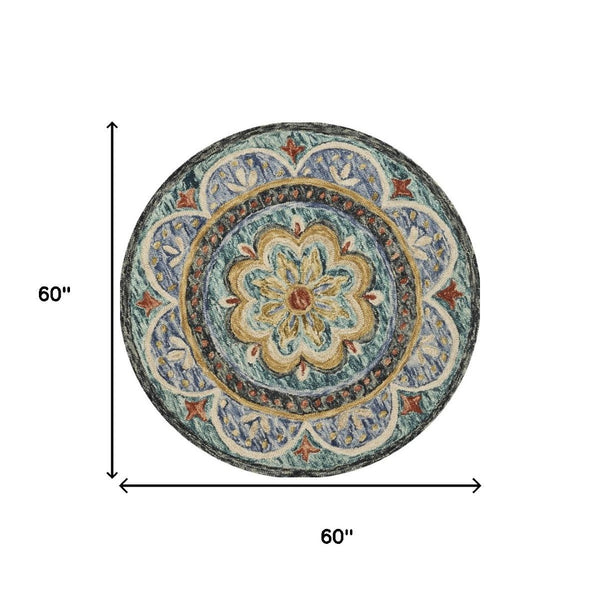 HomeRoots 8' Blue and Black Wool Medallion Round Rug - Hand-Tufted Artisan Design for Cozy Living Spaces 712705