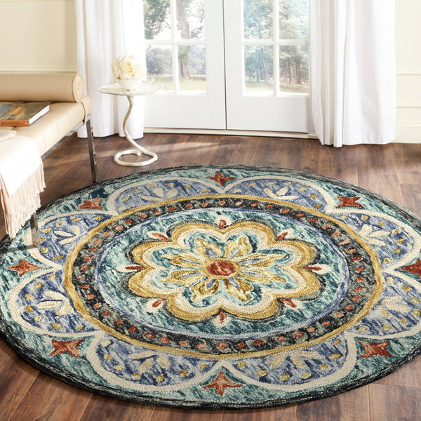 HomeRoots 8' Blue and Black Wool Medallion Round Rug - Hand-Tufted Artisan Design for Cozy Living Spaces 712705