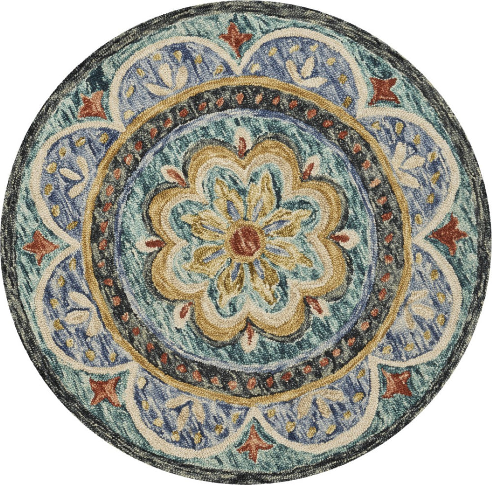 HomeRoots 8' Blue and Black Wool Medallion Round Rug - Hand-Tufted Artisan Design for Cozy Living Spaces 712705