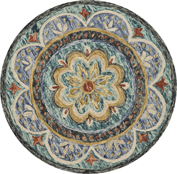 HomeRoots 8' Blue and Black Wool Medallion Round Rug - Hand-Tufted Artisan Design for Cozy Living Spaces 712705