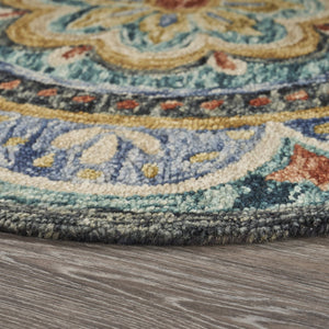HomeRoots 8' Blue and Black Wool Medallion Round Rug - Hand-Tufted Artisan Design for Cozy Living Spaces 712705