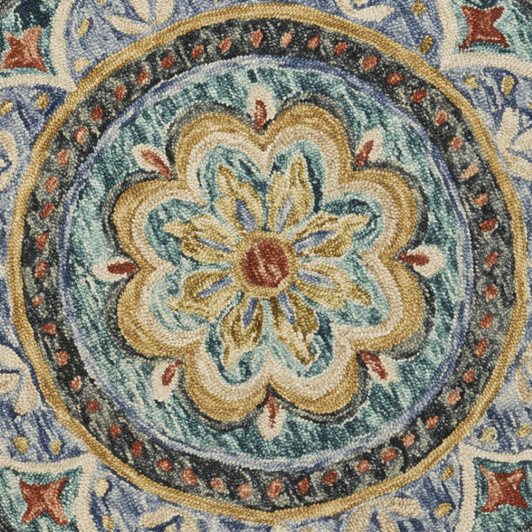 HomeRoots 8' Blue and Black Wool Medallion Round Rug - Hand-Tufted Artisan Design for Cozy Living Spaces 712705