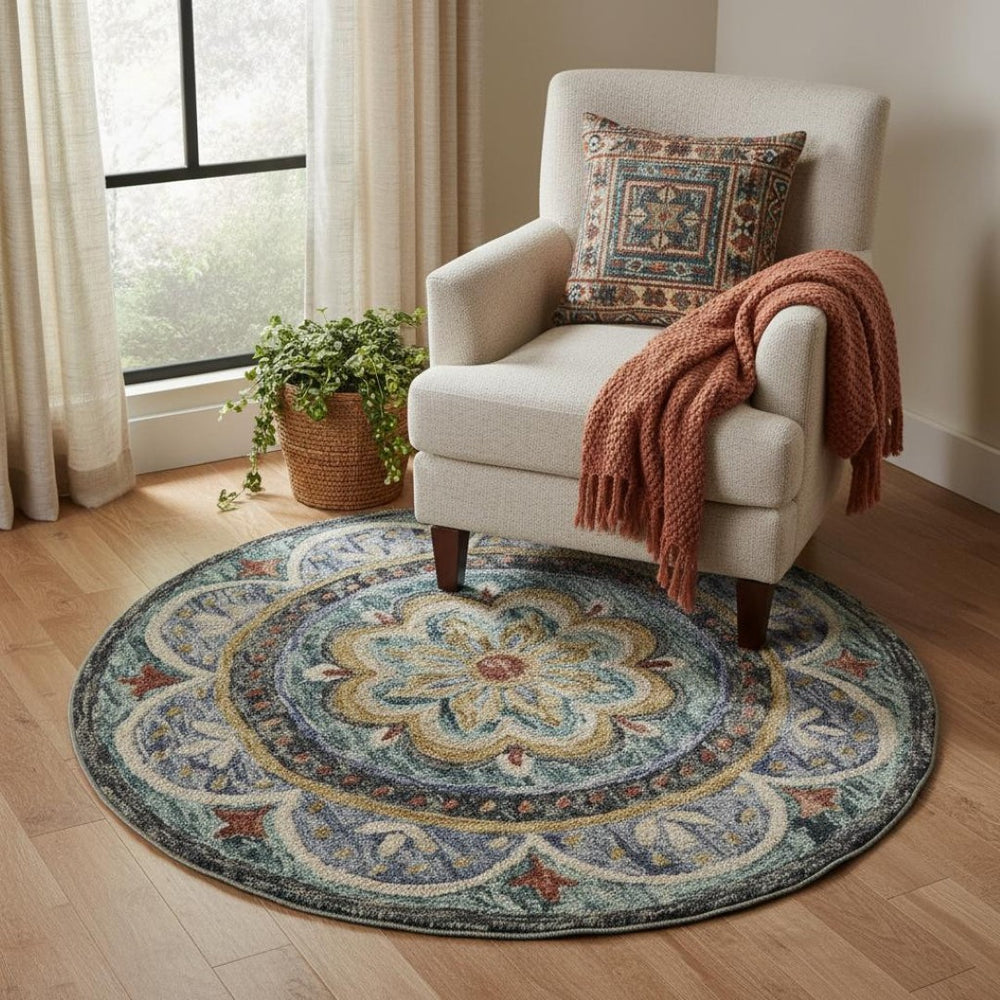 HomeRoots 8' Blue and Black Wool Medallion Round Rug - Hand-Tufted Artisan Design for Cozy Living Spaces 712705