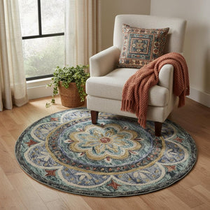 HomeRoots 8' Blue and Black Wool Medallion Round Rug - Hand-Tufted Artisan Design for Cozy Living Spaces 712705