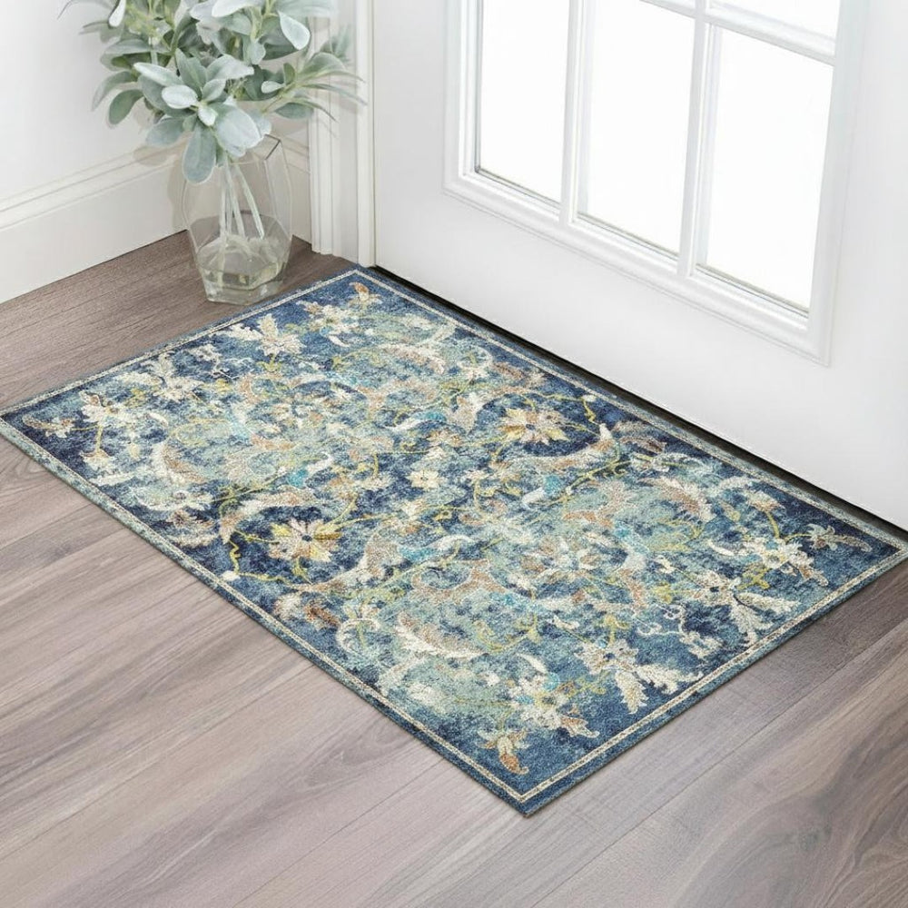 HomeRoots 6' Navy Blue and Beige Distressed Floral Area Rug – Durable, Vintage Charm for High-Traffic Spaces 712711