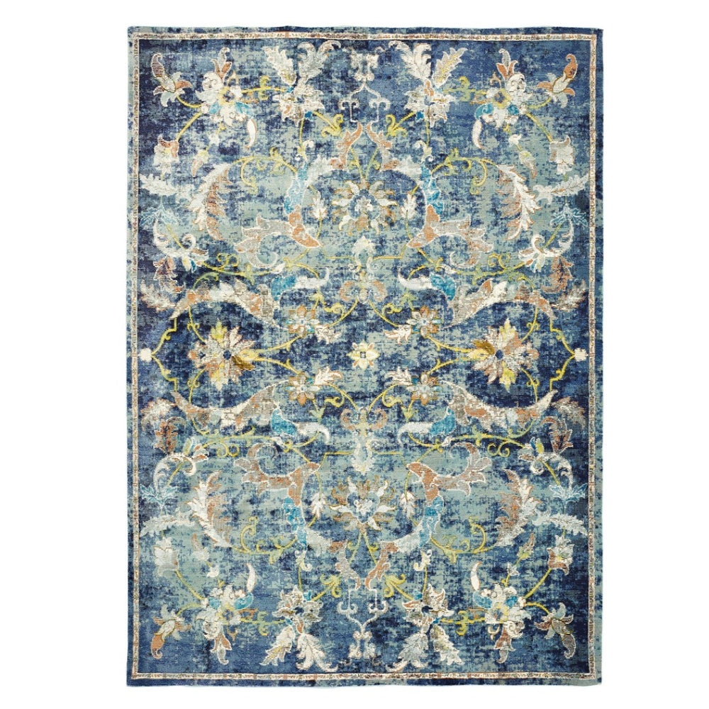 HomeRoots 6' Navy Blue and Beige Distressed Floral Area Rug – Durable, Vintage Charm for High-Traffic Spaces 712711