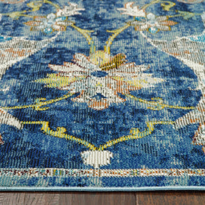 HomeRoots 6' Navy Blue and Beige Distressed Floral Area Rug – Durable, Vintage Charm for High-Traffic Spaces 712711