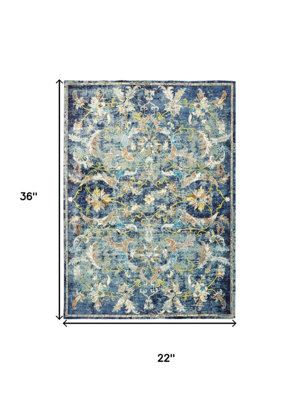 HomeRoots 6' Navy Blue and Beige Distressed Floral Area Rug – Durable, Vintage Charm for High-Traffic Spaces 712711
