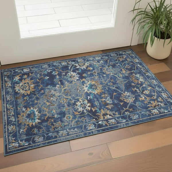 HomeRoots 6' Indigo & Beige Floral Area Rug - Durable, Stylish, and Stain-Resistant for High-Traffic Spaces 712713