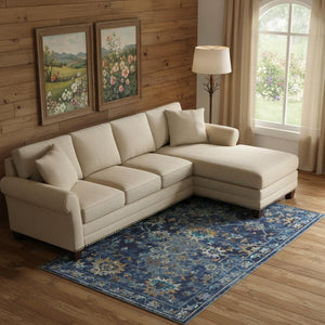 HomeRoots 9' X 12' Beige and Blue Floral Area Rug - Stylish, Durable, Low Pile Design for High-Traffic Spaces 712714