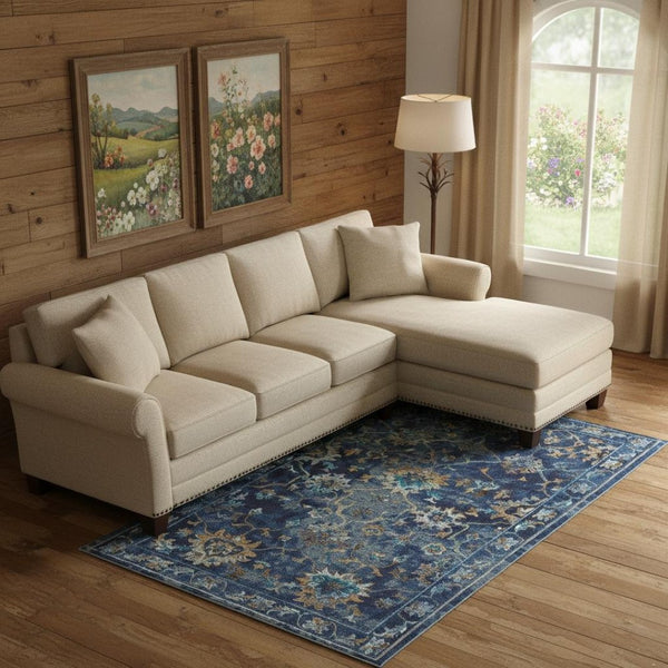HomeRoots 9' X 12' Beige and Blue Floral Area Rug - Stylish, Durable, Low Pile Design for High-Traffic Spaces 712714