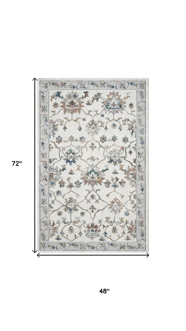 HomeRoots 5' Blue and Beige Floral Area Rug – Durable, Easy-Care Comfort for High-Traffic Spaces and Homes 712717