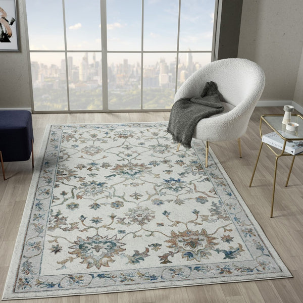 HomeRoots 5' Blue and Beige Floral Area Rug – Durable, Easy-Care Comfort for High-Traffic Spaces and Homes 712717