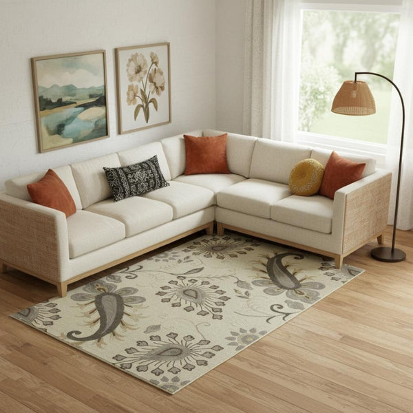 HomeRoots 5' Gray and Red Distressed Medallion Area Rug - Vintage Charm, Durable Design for High-Traffic Spaces 712719