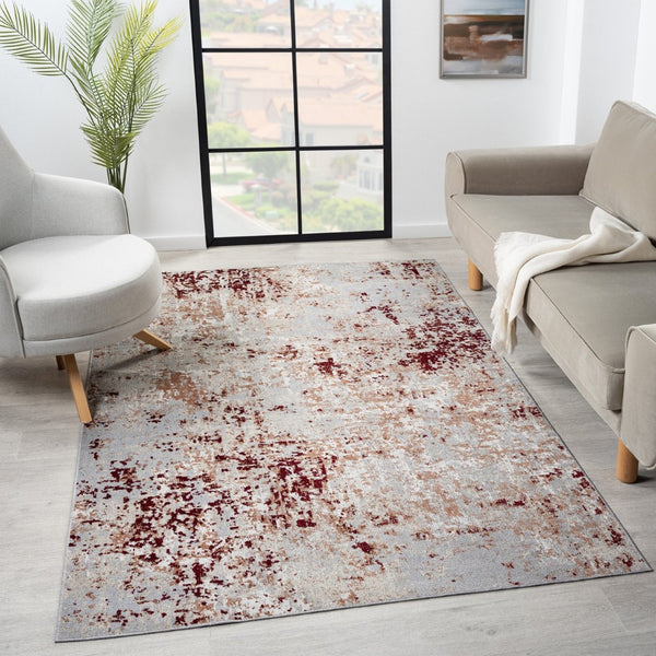 HomeRoots 8' X 10' Red and Gray Abstract Washable Area Rug - Durable, Stylish, Stain-Resistant for Modern Homes! 712727