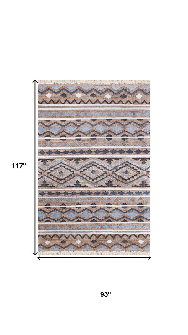 HomeRoots 6' X 9' Hand-Woven Jute Area Rug in Tan and Blue - Modern Geometric Design for Homes & Spaces 712737