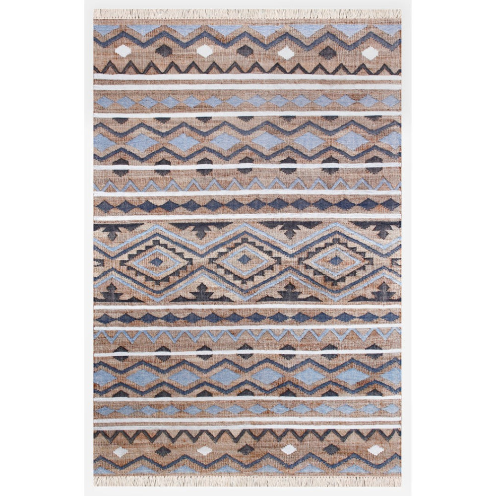 HomeRoots 6' X 9' Hand-Woven Jute Area Rug in Tan and Blue - Modern Geometric Design for Homes & Spaces 712737