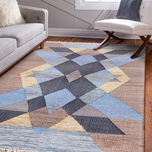 HomeRoots 9' X 12' Hand-Woven Jute Area Rug in Tan & Blue Geometric Design – Perfect for Modern Rustic Spaces! 712738