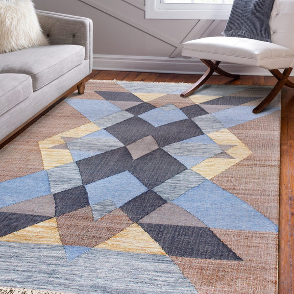 HomeRoots 9' X 12' Hand-Woven Jute Area Rug in Tan & Blue Geometric Design – Perfect for Modern Rustic Spaces! 712738