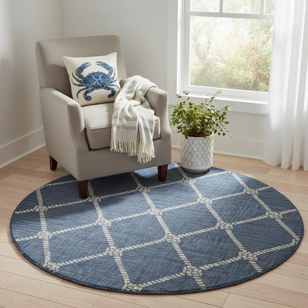 HomeRoots 6' Navy Blue and White Checkered Round Rug – Durable, Stain-Resistant, Coastal Charm for Any Home 712744